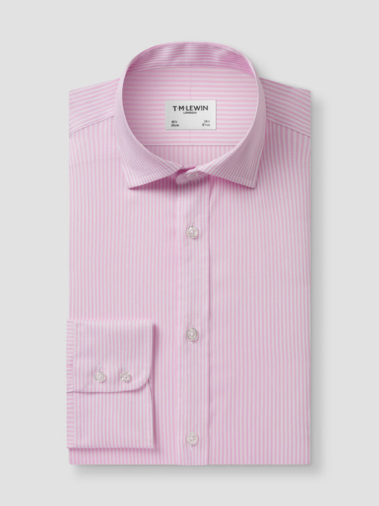Non-Iron Pink Bengal Stripe Twill Slim Fit Single Cuff Classic Collar Shirt