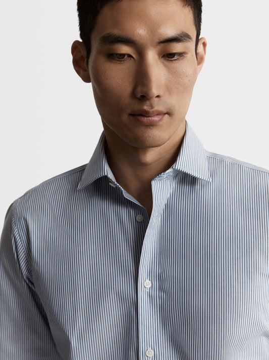 Image 2 of Max Performance Navy Blue Bengal Stripe Plain Weave Slim Fit Single Cuff Classic Collar Shirt